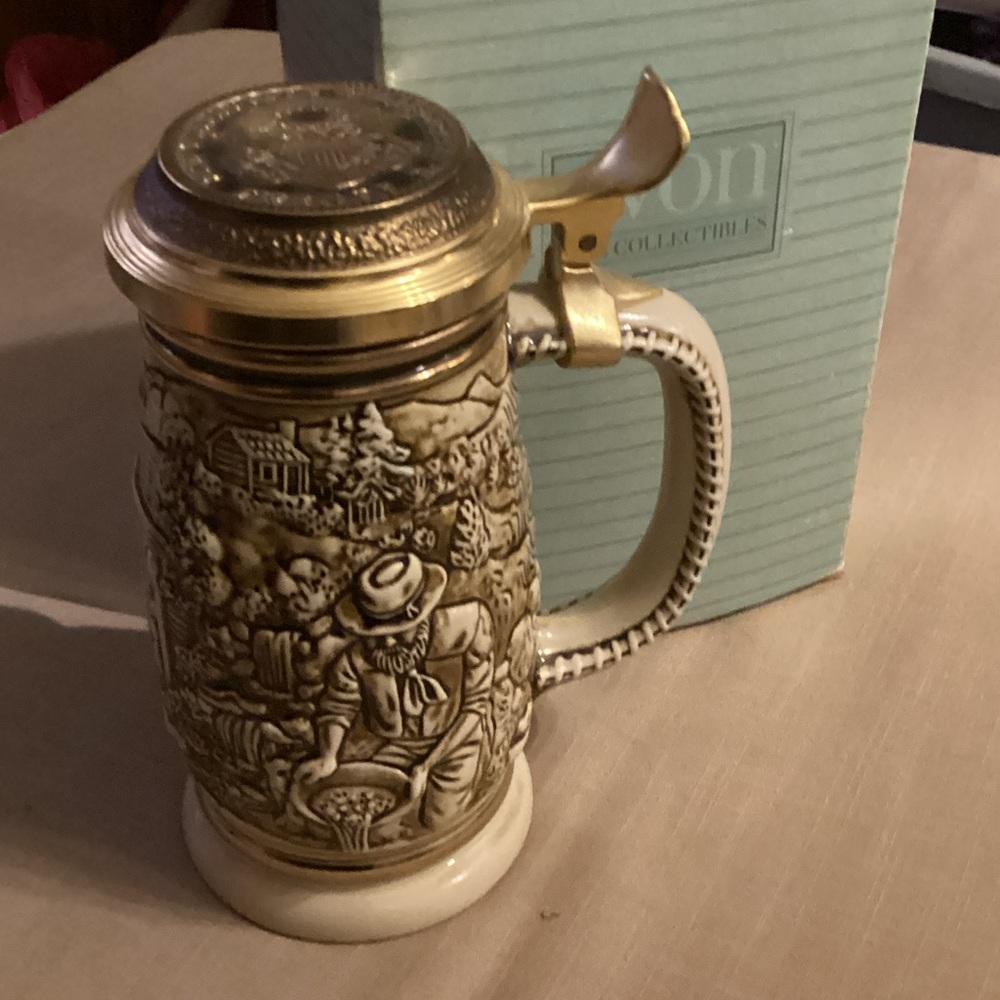New in Box Avon Ceramic Beer Stein with Gold Lid